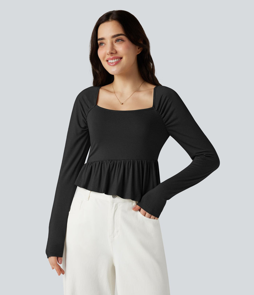 T-shirt décolleté carré à manches longues avec ourlet à volants
