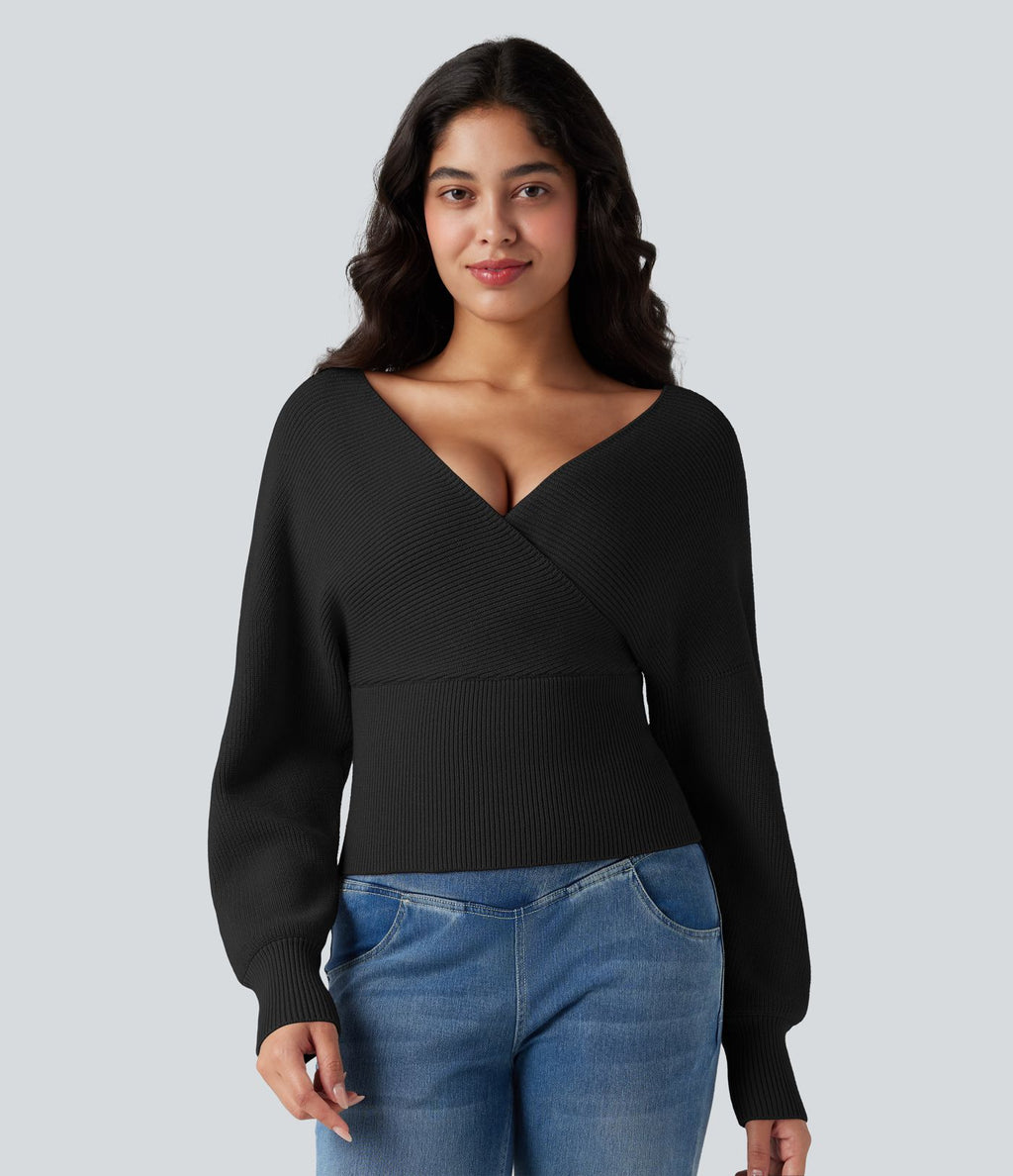 Pull col V manches chauve-souris longues à découpes