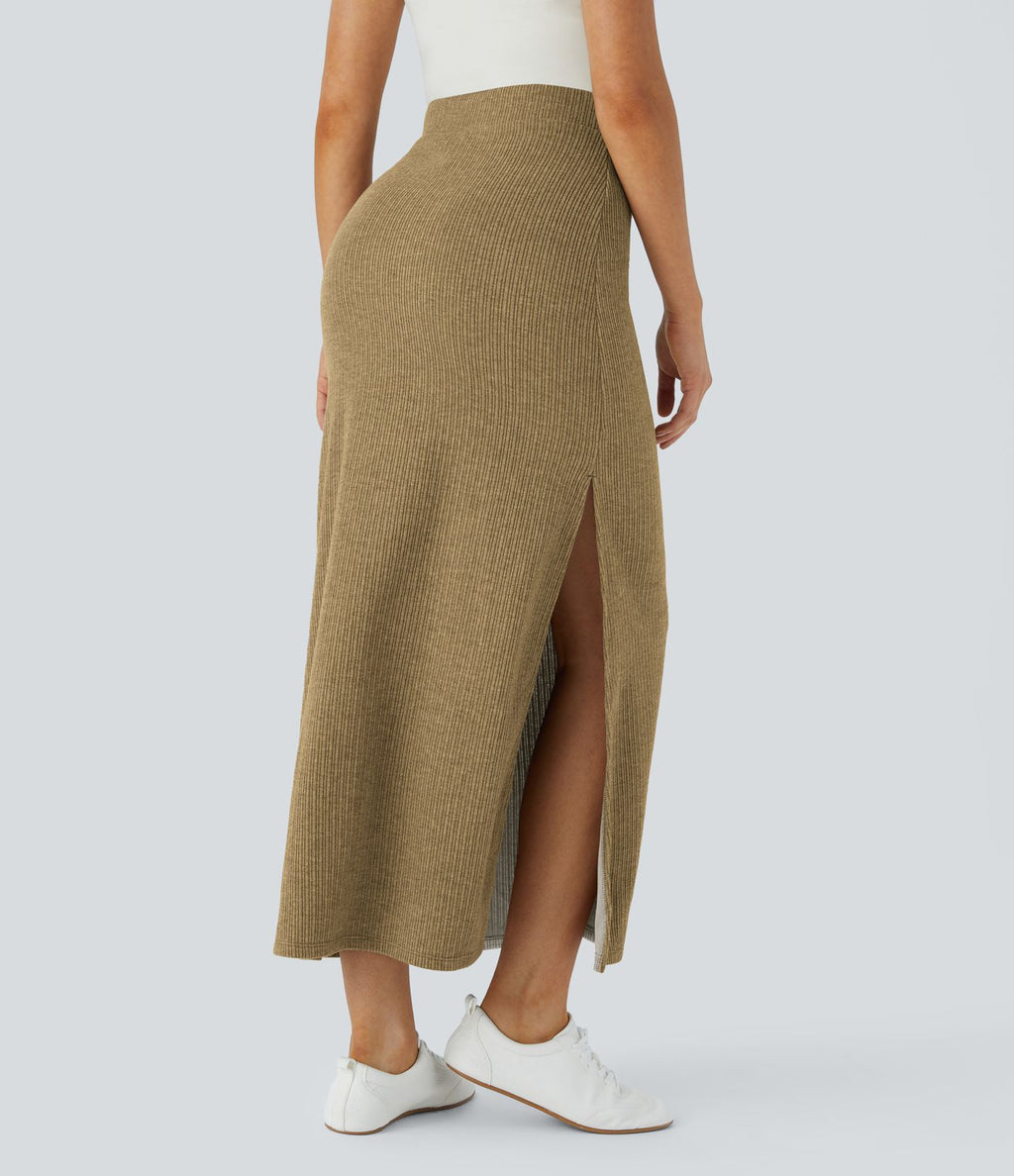 Jupe Casual Maxi à Taille Haute et Ourlet Fendu en A-Line en Côtes