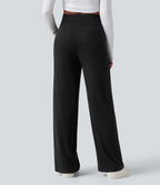 Pantalon droit décontracté côtelé croisé gainant taille haute avec poches