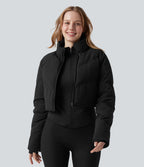PuffFlex Manteau doudoune 3-en-1 court casual à col montant et veste à ourlet arrondi avec passants pouces et poche