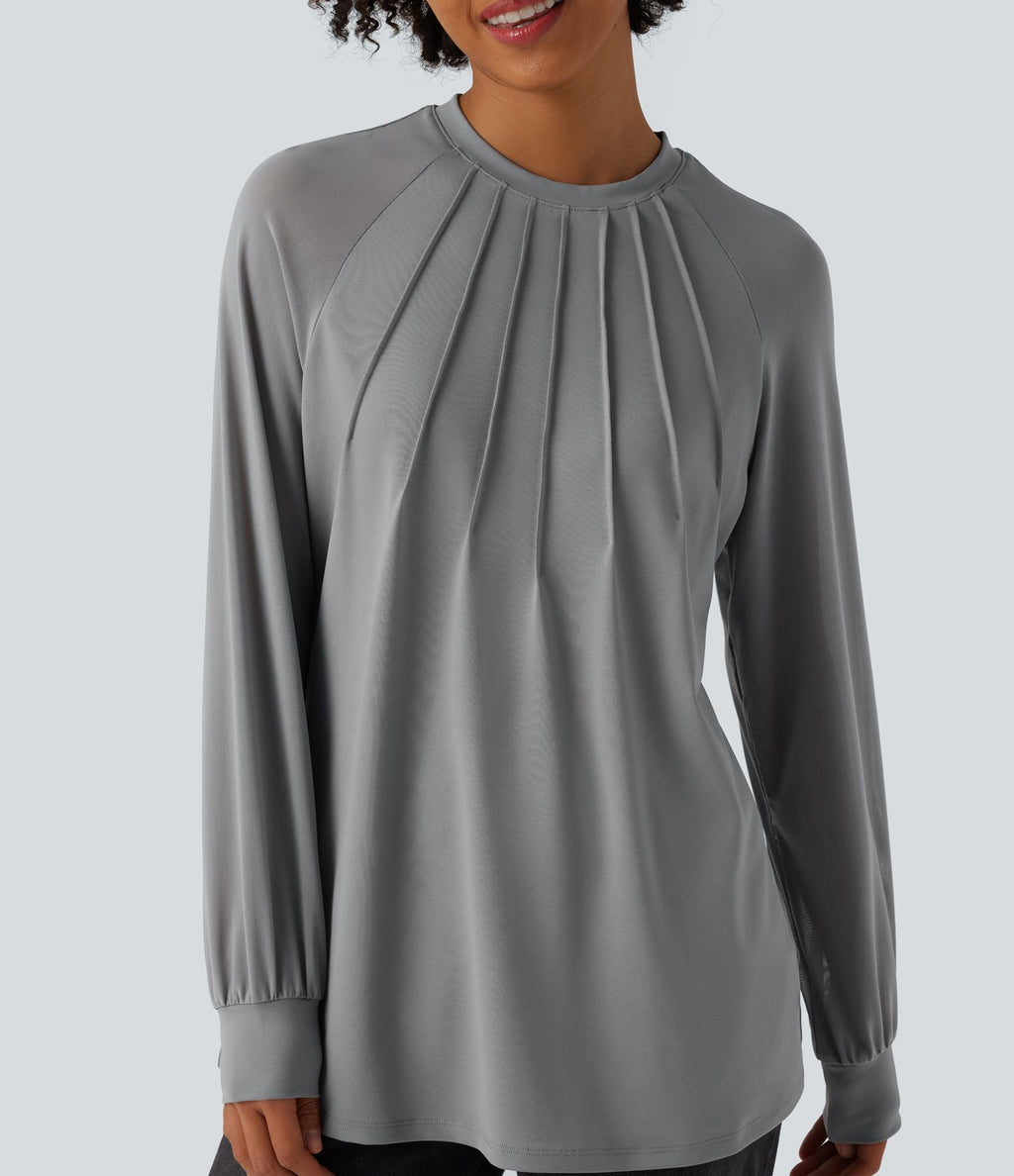 Blouse mesh contrastant col rond manches raglan longues