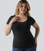 T-shirt Halara grande taille décontracté en jersey de coton coupe ultra-ajustée effet chiné, col carré, manches courtes