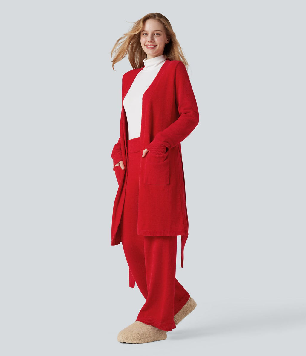 Robe d'intérieur longue tricot ouverte ceinturée manches longues avec poches
