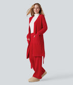 Robe d'intérieur longue tricot ouverte ceinturée manches longues avec poches