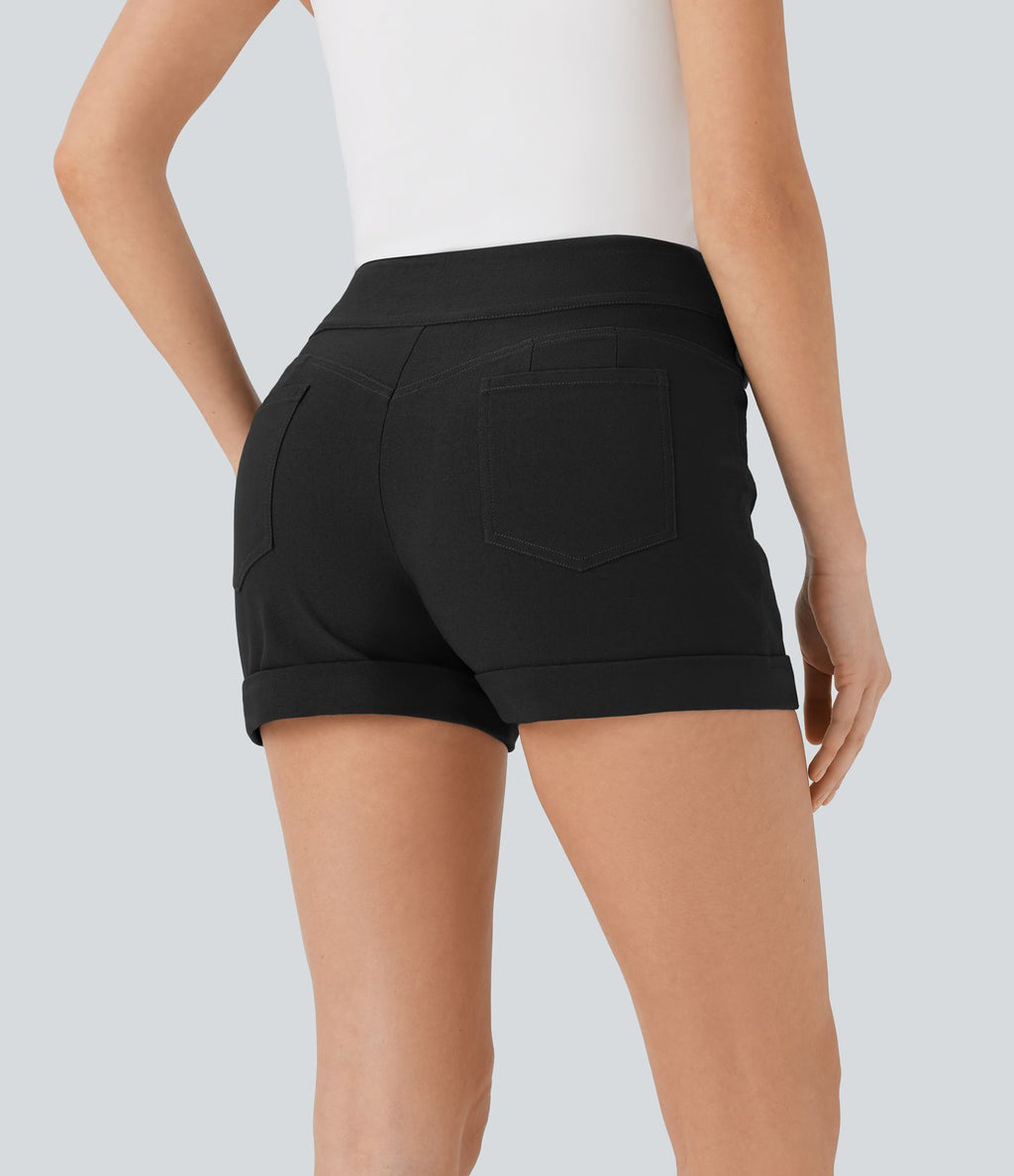 Short décontracté moulant taille haute avec boutons, ourlet roulé et poches