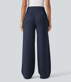Pantalon jogging large décontracté côtelé gainant taille haute avec cordon de serrage et poches