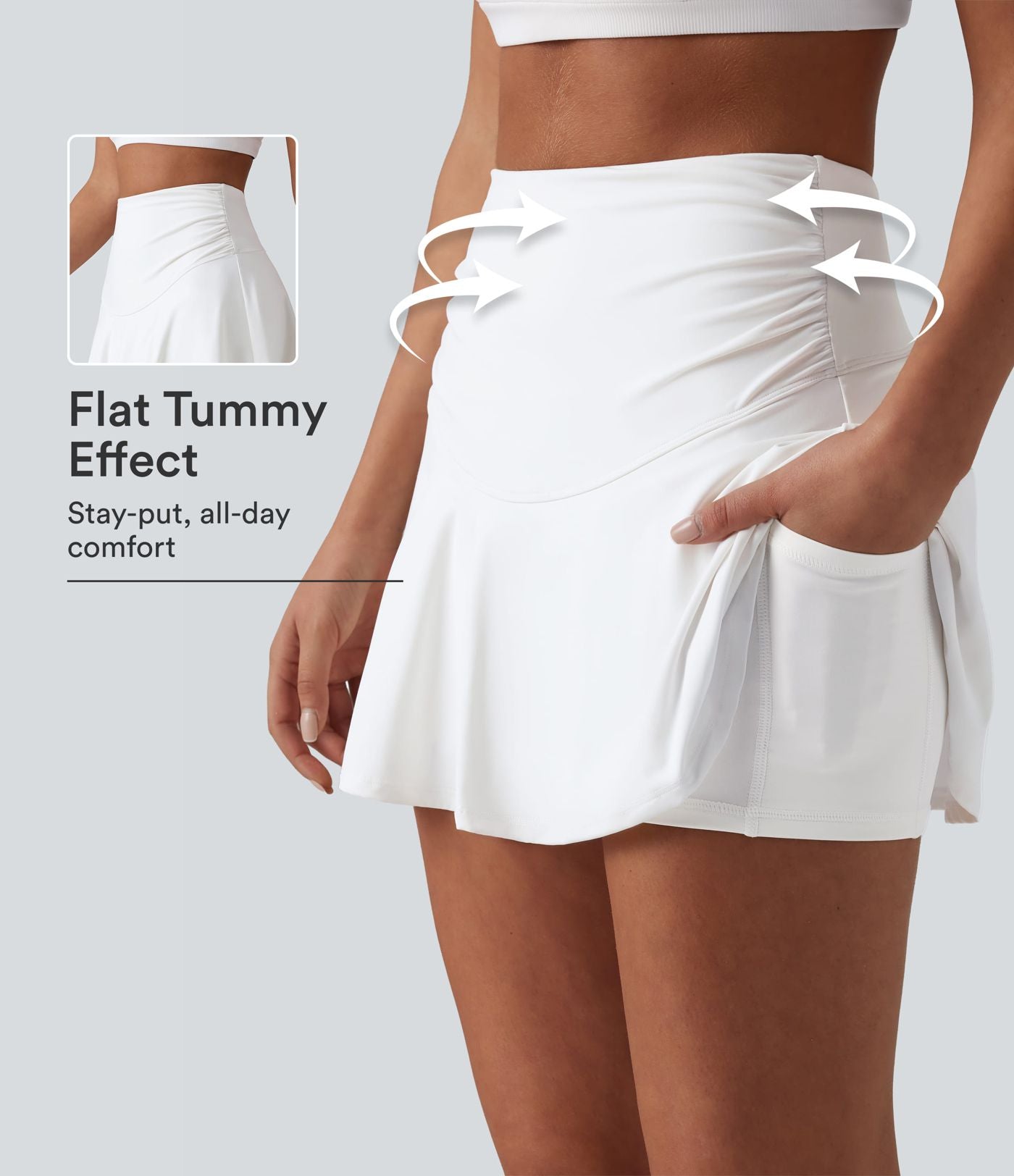 Jupe trapèze 2 en 1 à taille haute froncée, effet ventre plat, séchage rapide, mini, avec poches - Protection solaire UPF50+