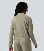 Veste casual côtelée à col montant, manches longues et fermeture zippée avec poches