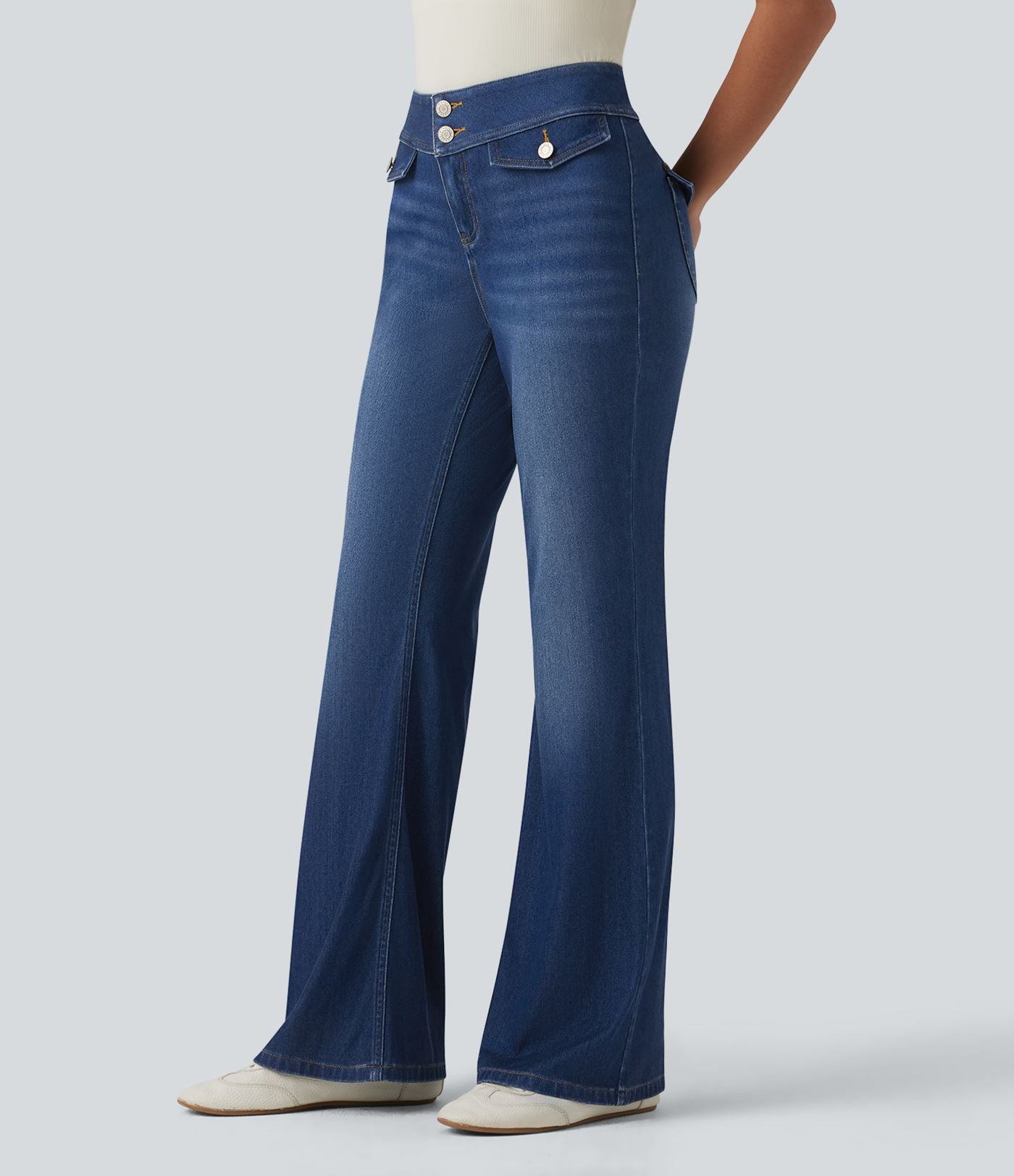 Halara Flex™ Jean évasé casual taille basse en lyocell drapé effet délavé, avec poches