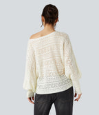 Pull ajouré col rond manches chauve-souris longues
