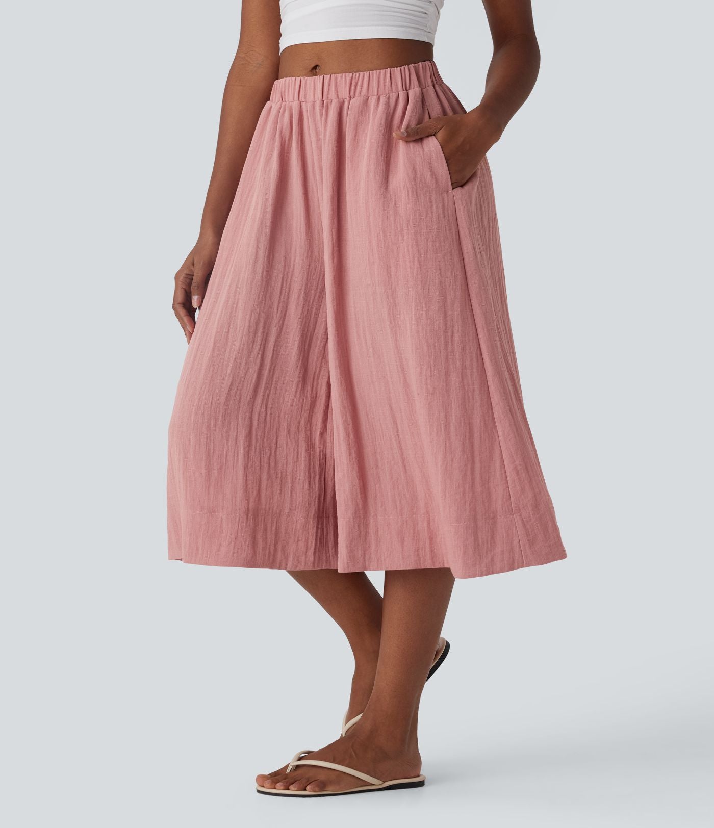 Pantalon fluide large taille mi-haute effet lin avec poche