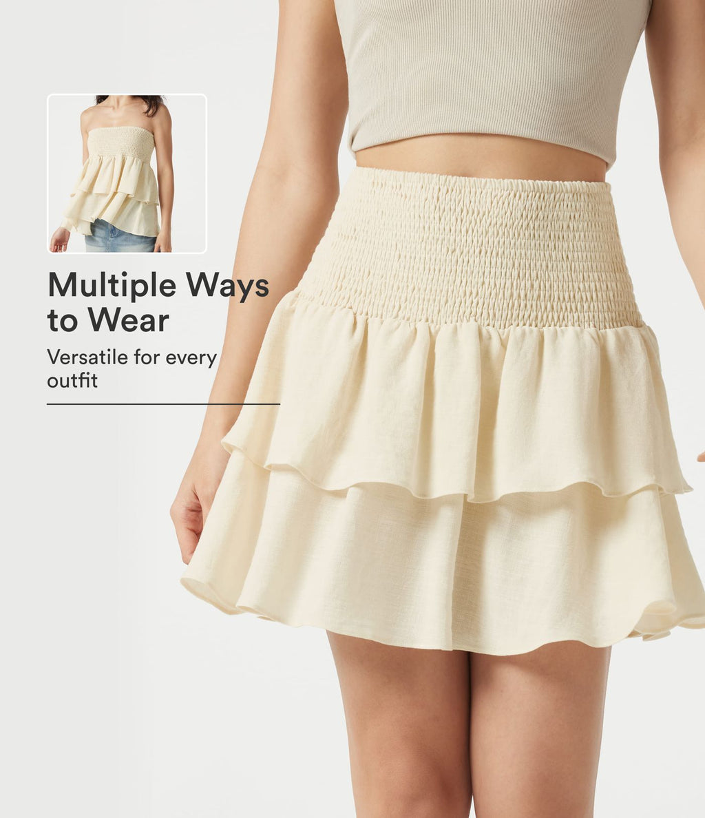 Jupe mini casual taille haute froncée à volants effet lin
