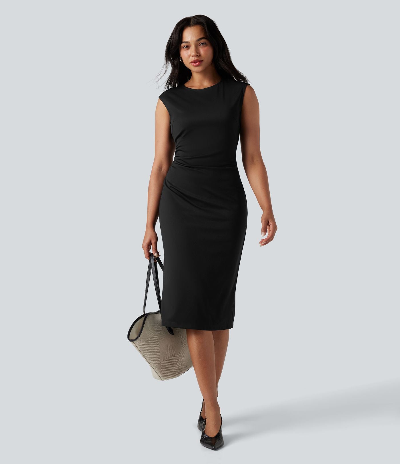 Robe mi-longue moulante tailleur col rond sans manches