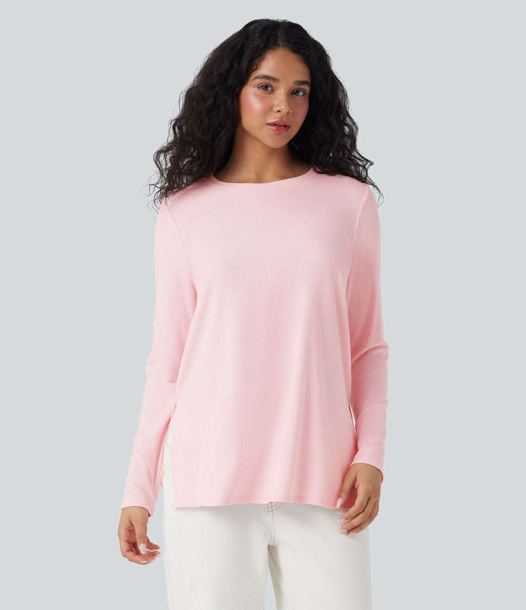 T-shirt décontracté maille côtelée manches longues ourlet fendu