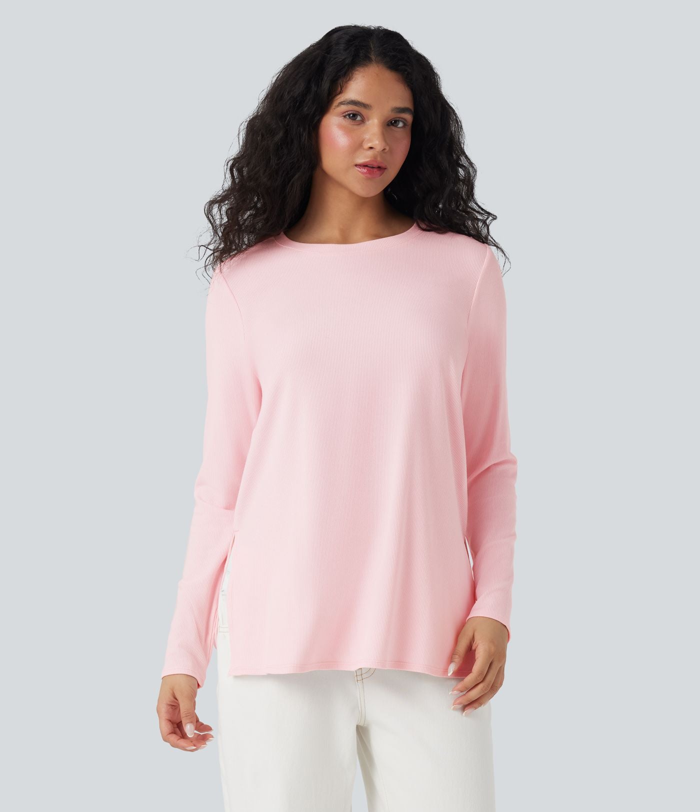 T-shirt décontracté maille côtelée manches longues ourlet fendu
