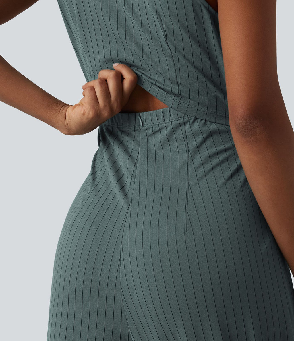 Combinaison tailleur sans manches à col V, ceinturée, avec zip invisible, rayures et effet frais avec poches, accès facile Easy Peasy