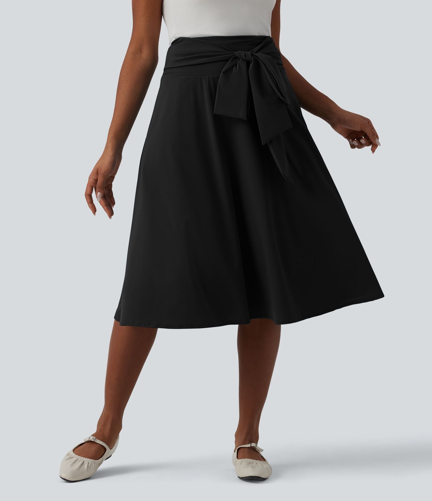 Jupe midi casual trapèze taille haute à nœud devant