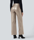 Pantalon similicuir évasé gainant taille haute stretch avec poches