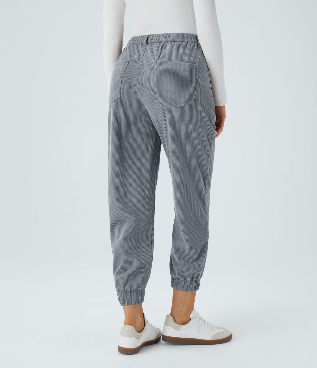 Pantalon décontracté en velours côtelé avec taille mi-haute, boutons et fermeture éclair