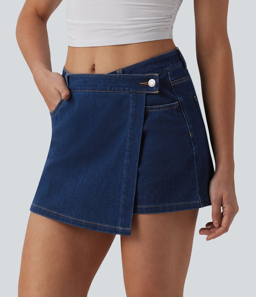 Micro skort jean Halara Flex™  taille mi-haute asymétrique avec poches