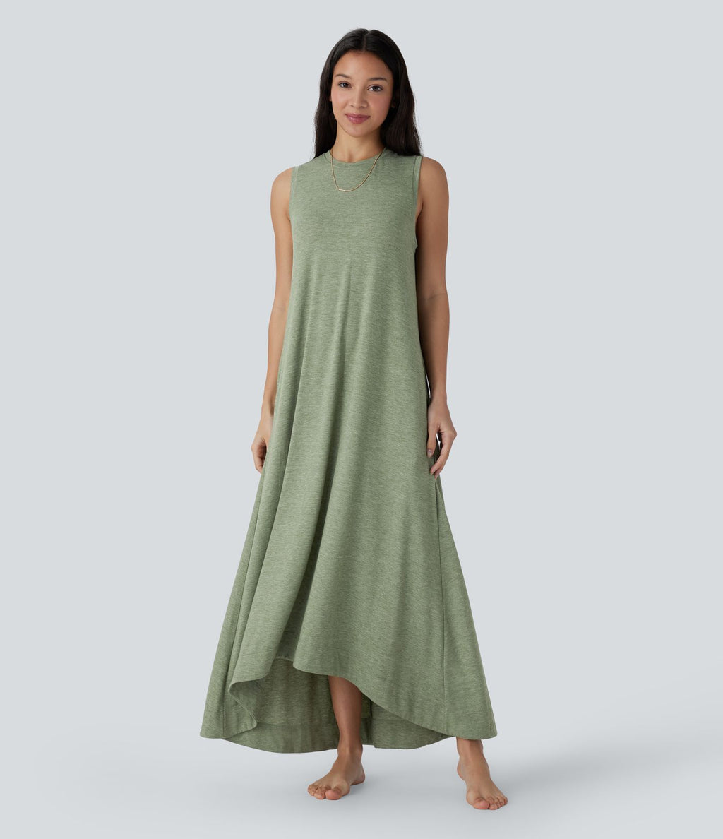 Robe longue décontractée fluide à col rond, sans manches, poches latérales et ourlet asymétrique