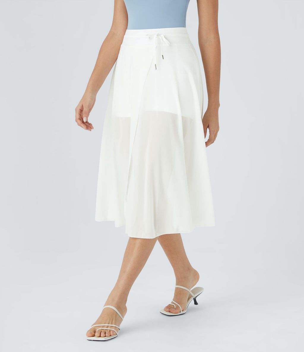 Jupe Casual Évasée Mesh Mi-Longue Fuide 2 en 1 Contrastée Taille Haute Cordon Poche Latérale