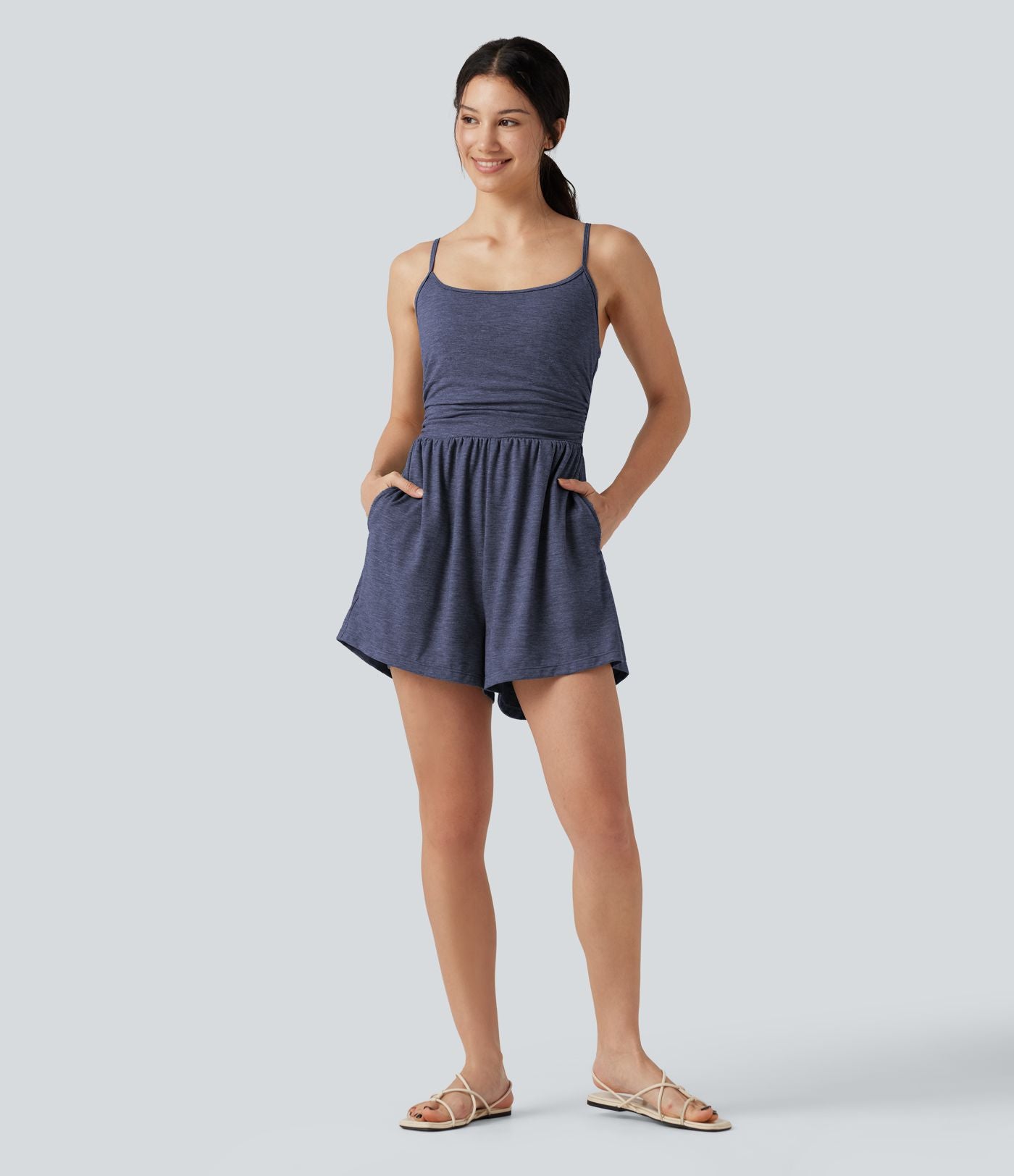 Combi-short casual 2-en-1 chiné froncé avec brassière intégrée et poches — Édition Easy Peasy
