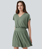 Robe mini décontractée 2-en-1 en maille côtelée mélange de lin, col V, manches courtes, coupe fluide