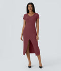 Robe Chill Midi en Tricot Côtelé à Encolure en V Boutons et Fente