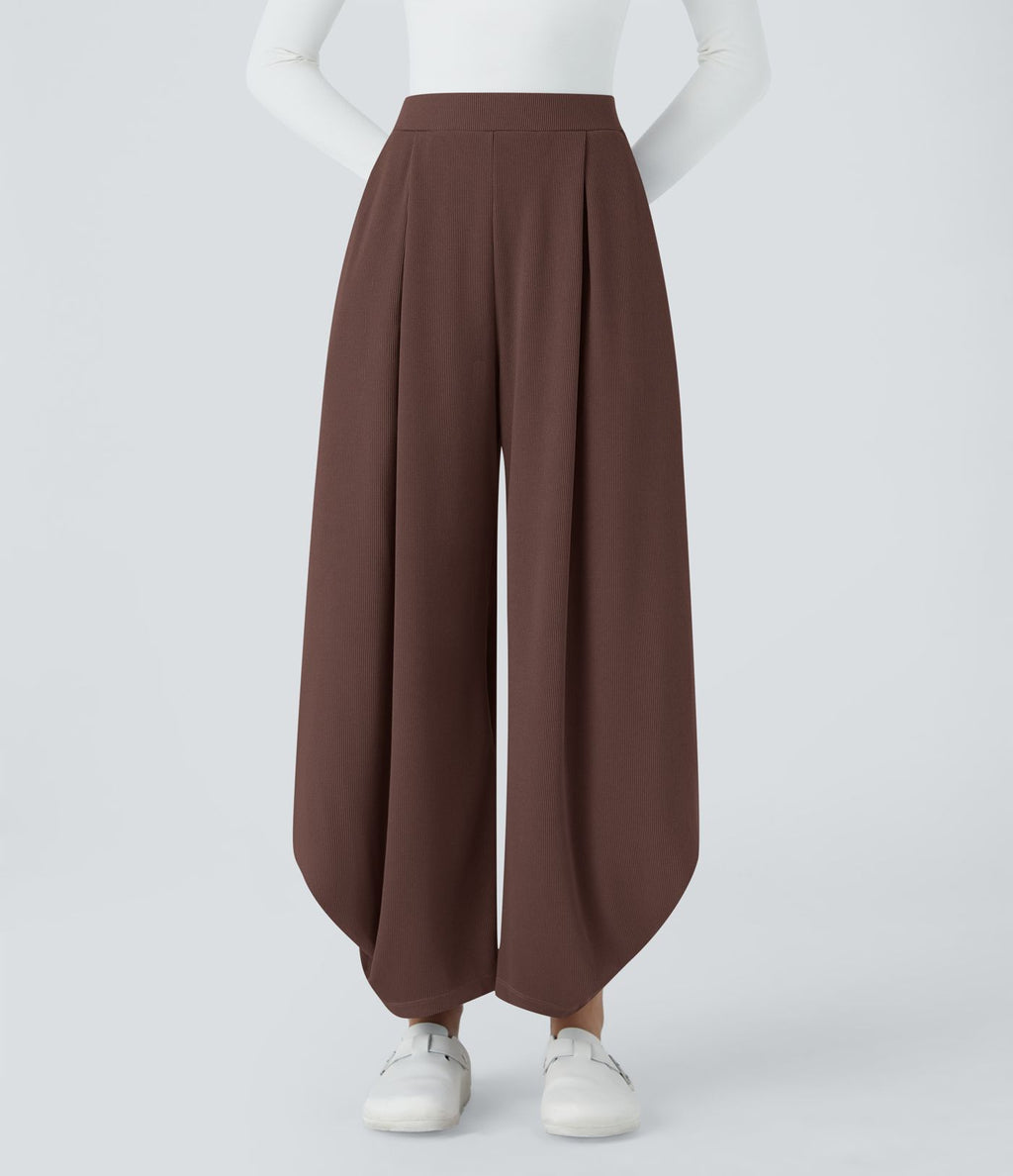 Pantalon décontracté harem uni côtelé, taille haute, avec poches
