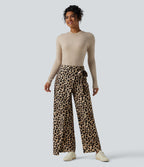 Pantalon tailleur large taille haute imprimé léopard avec liens latéraux
