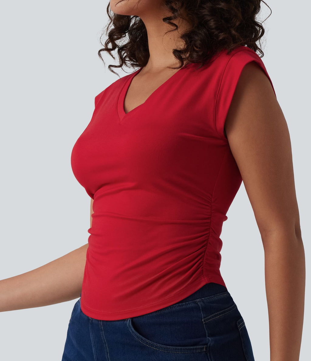 T-shirt décontracté col V manches courtes ourlet arrondi froncé