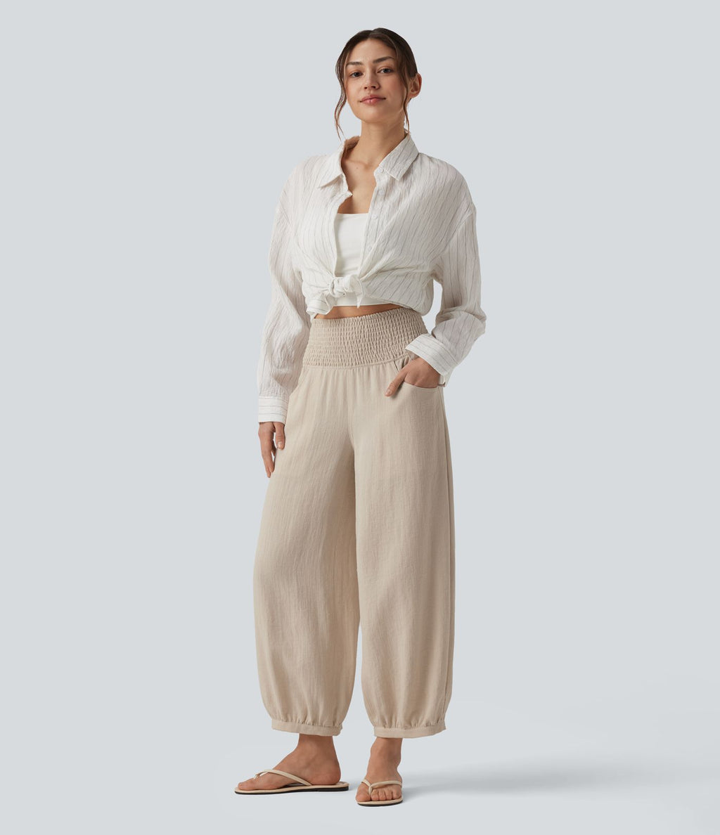 Pantalon casual bouffant aspect lin avec fronces taille haute et poches