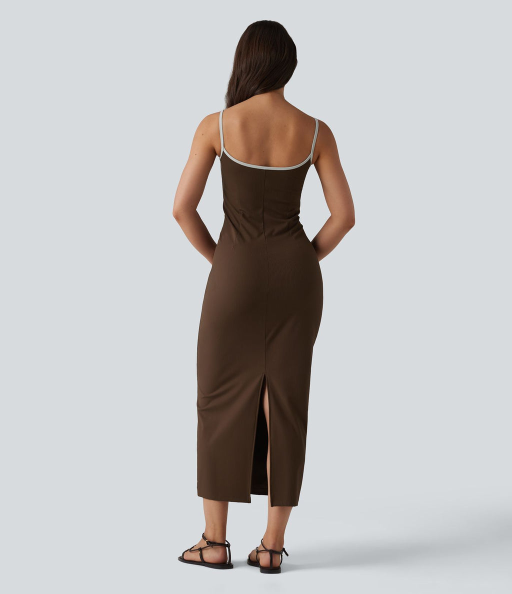 Robe nuisette casual midi côtelée color block à décolleté cœur avec coussinets intégrés non amovibles