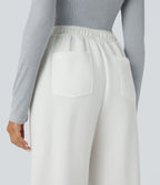 Pantalon Jogging en Fleece Thermique Jambe Droite Boutons Taille Haute Plusieurs Poches