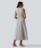 Robe midi rayée sans manches à col en V et poches