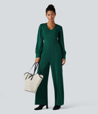 Combinaison tailleur col V manches longues bouffantes coupe droite avec poches