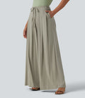 Pantalon large fluide taille mi-haute aspect lin avec ceinture et poches