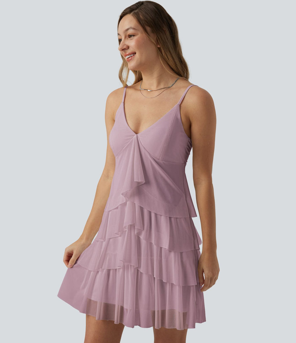 Robe nuisette courte décontractée à volants, dos nu croisé, empiècement en résille, brassière intégrée et poches