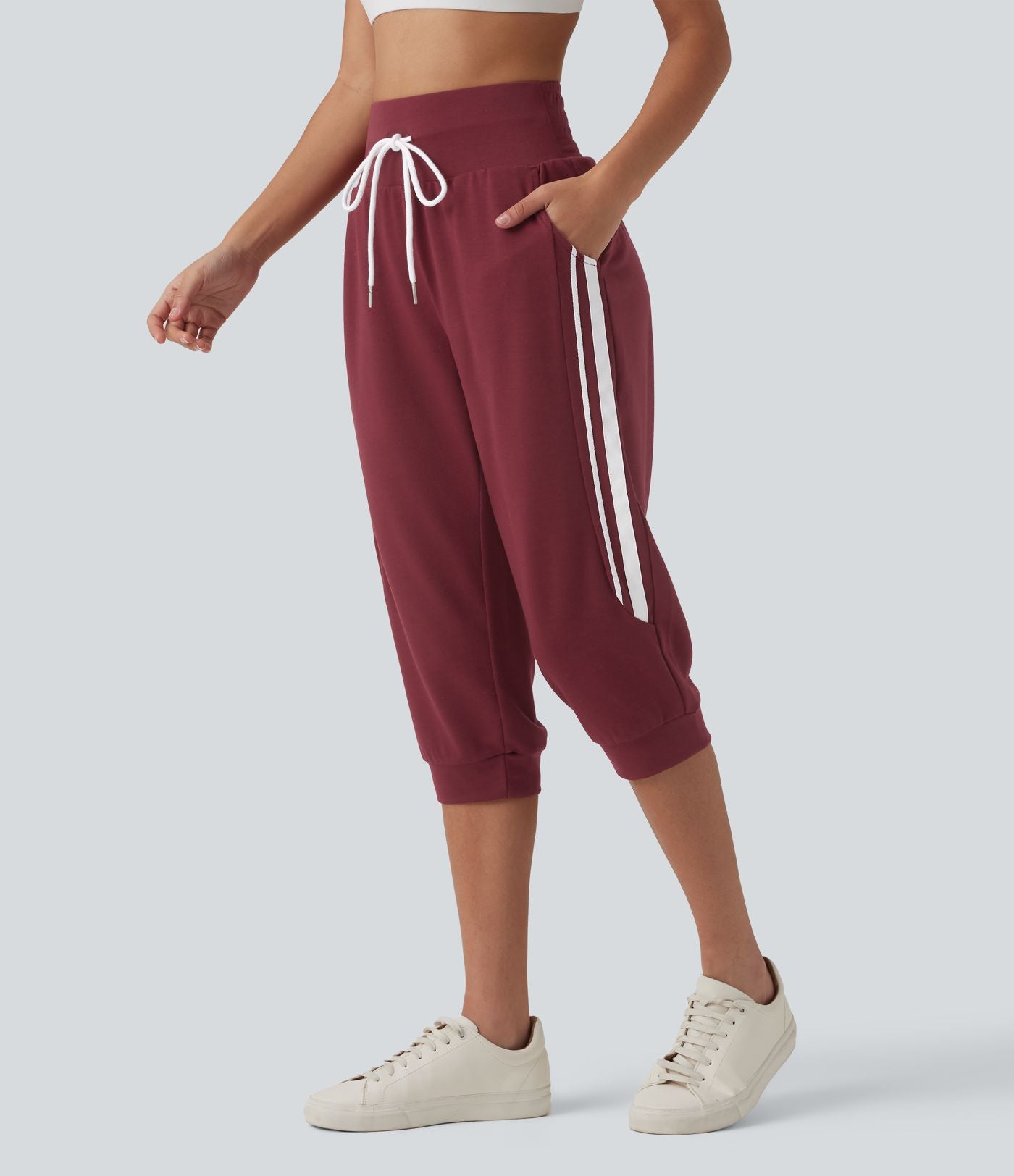 Jogging casual capri à rayures taille haute avec cordon de serrage et poches