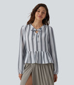 Blouse aspect lin à rayures manches longues ourlet à volants à nouer devant