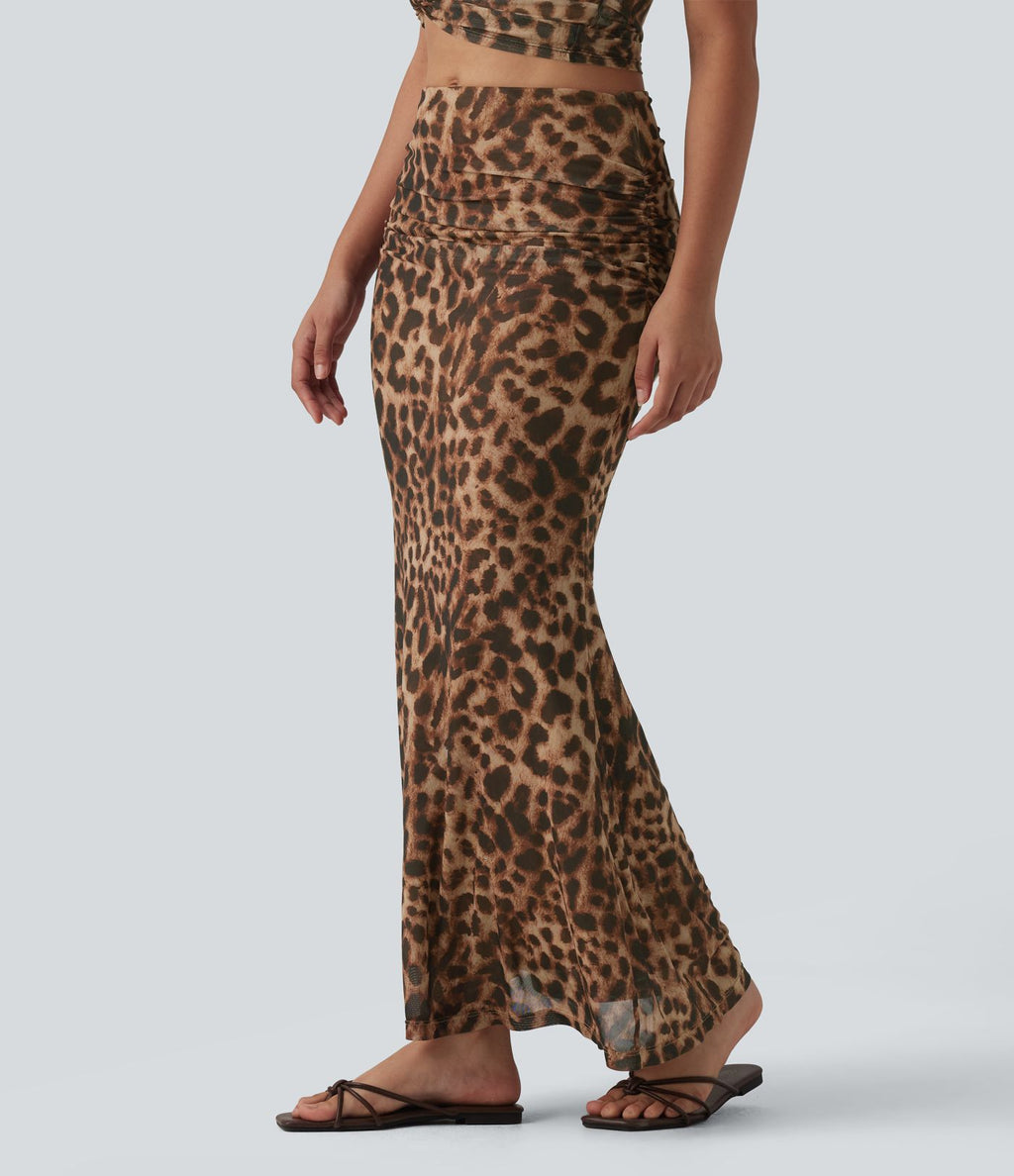 Jupe longue sirène de soirée mesh imprimé léopard avec fronces taille mi-haute