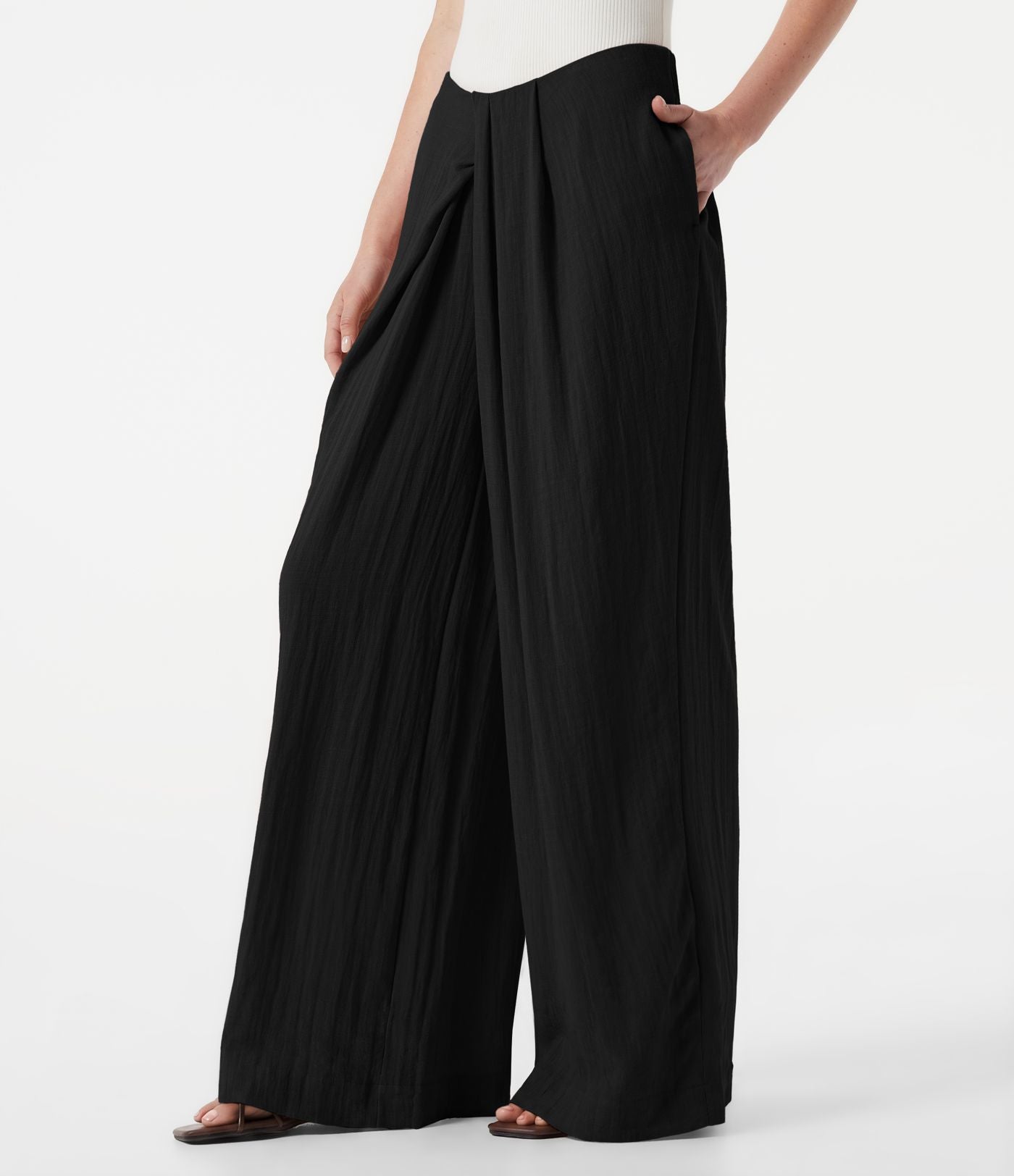 Pantalon ample décontracté effet lin, taille moyenne, à poches