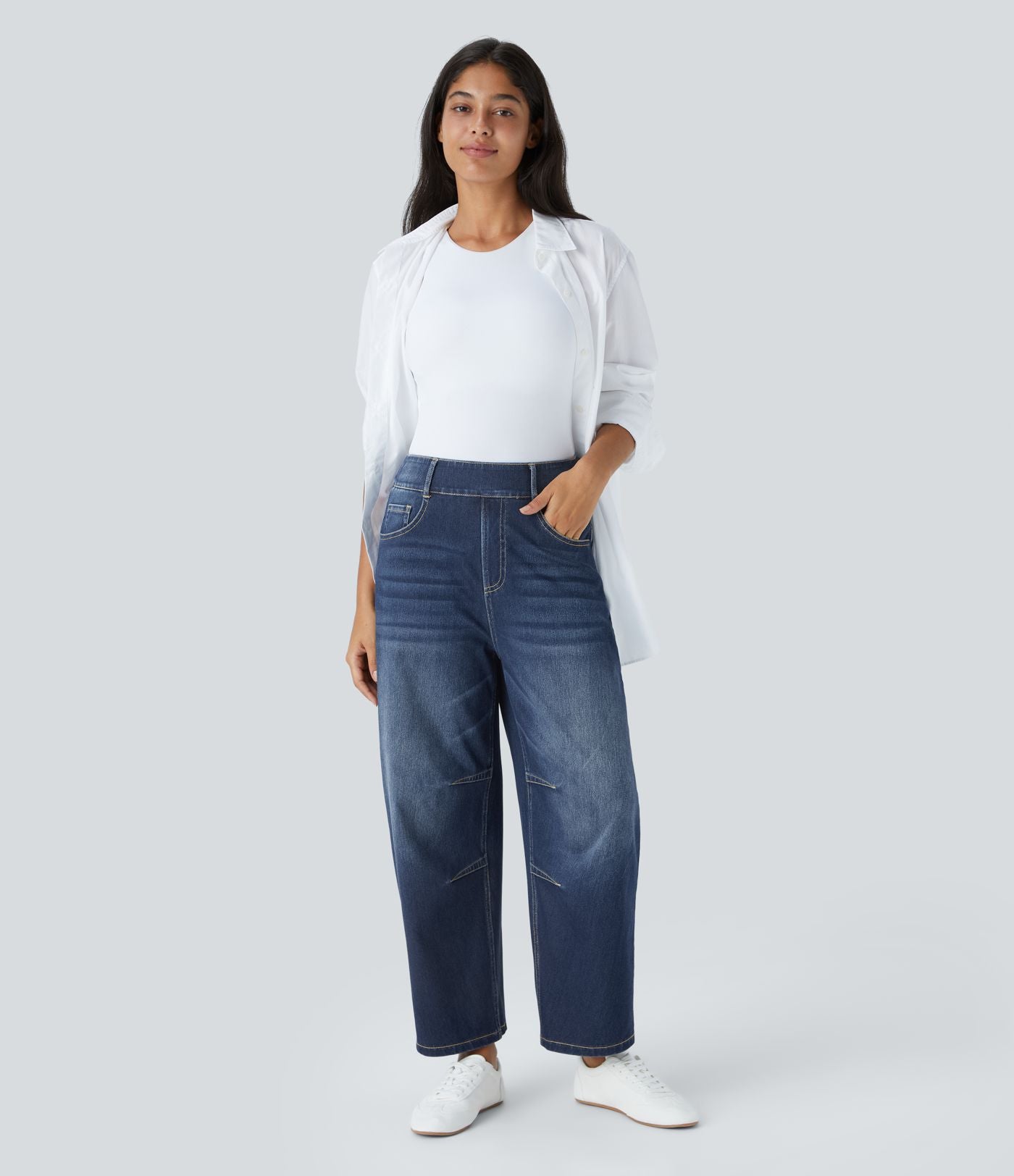 Jean Barrel 7/8 décontracté taille mi-haute avec poches Halara Flex™