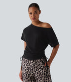 T-shirt décontracté asymétrique manches courtes avec cordon de serrage mélange laine