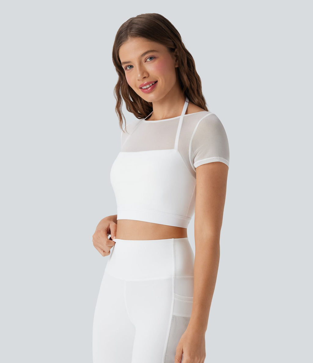 Haut de sport yoga court 2-en-1 dos nu col licou manches courtes mesh contrastant