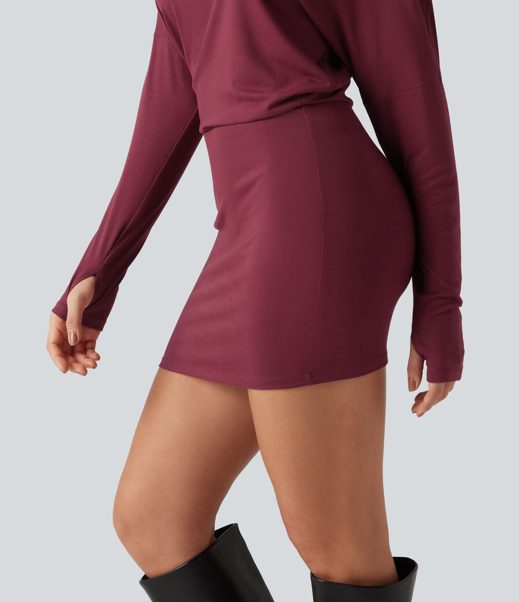 Robe mini moulante froncée à une épaule avec manches longues et passe-pouces