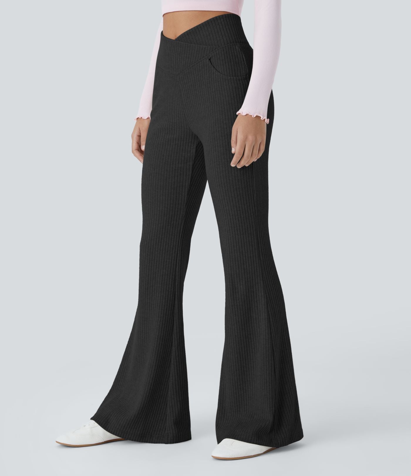 Pantalon Taille Haute Casual Évasés en Tricot Côtelé avec Poches Latérales et Croisé