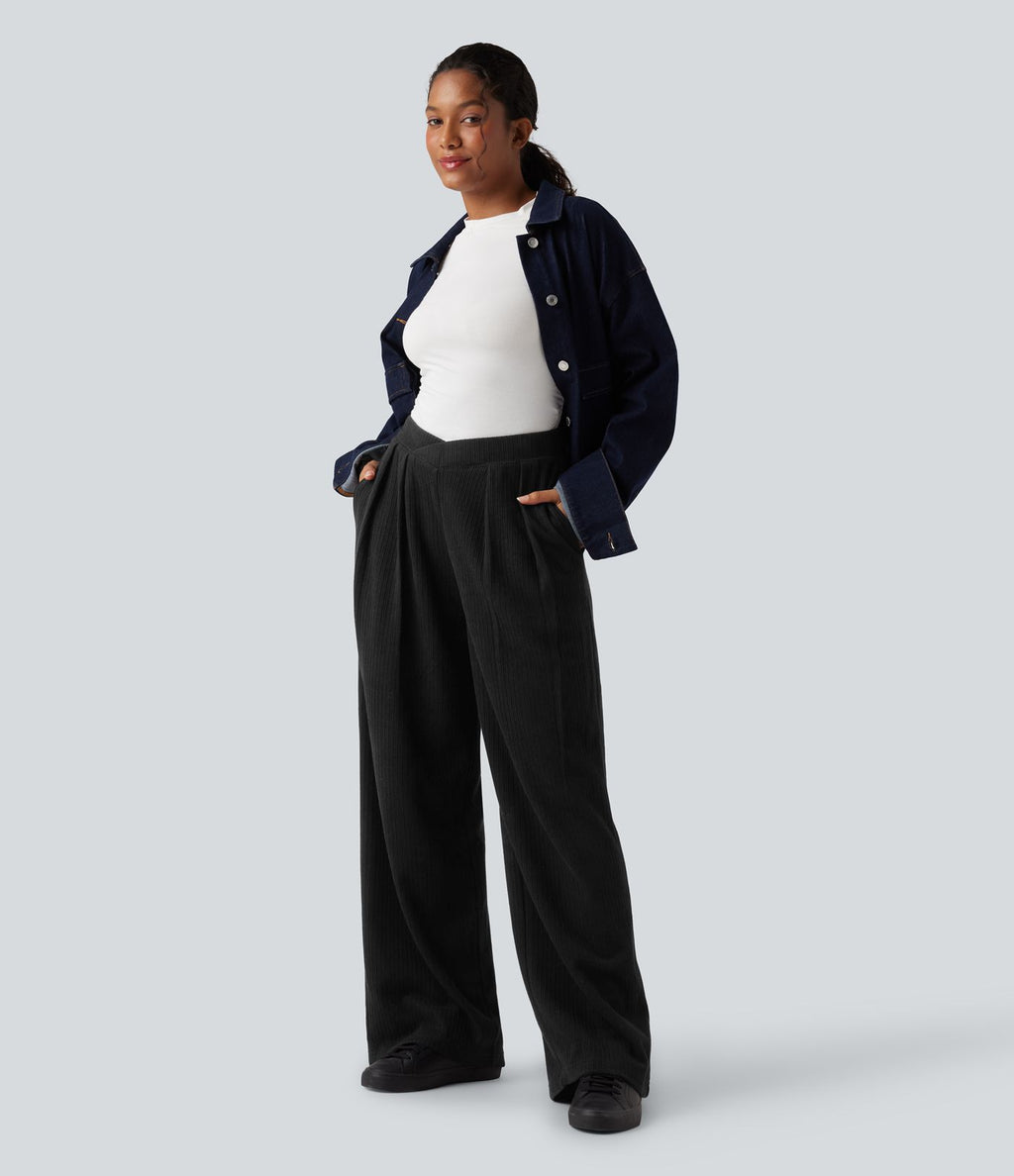 Pantalon décontracté droit côtelé, taille haute, avec poches et détail croisé